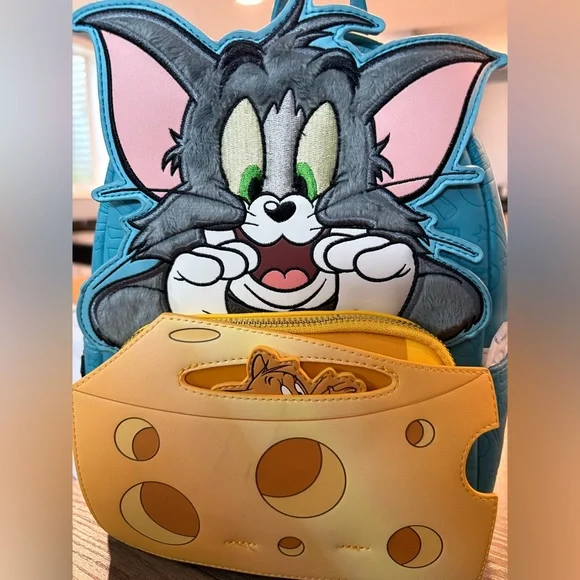 Loungefly Tom & Jerry Blue Gray Pink Faux Fur Backpack with Yellow Cheese Pocket - Picture 1 of 6